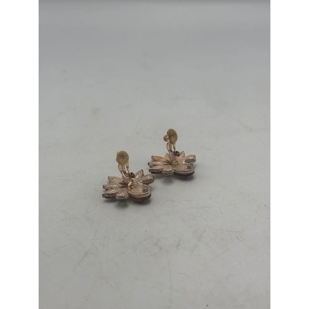 Rose Gold Tone Amber Crystal Floral Sunburst Clip On Earrings Vintage Style